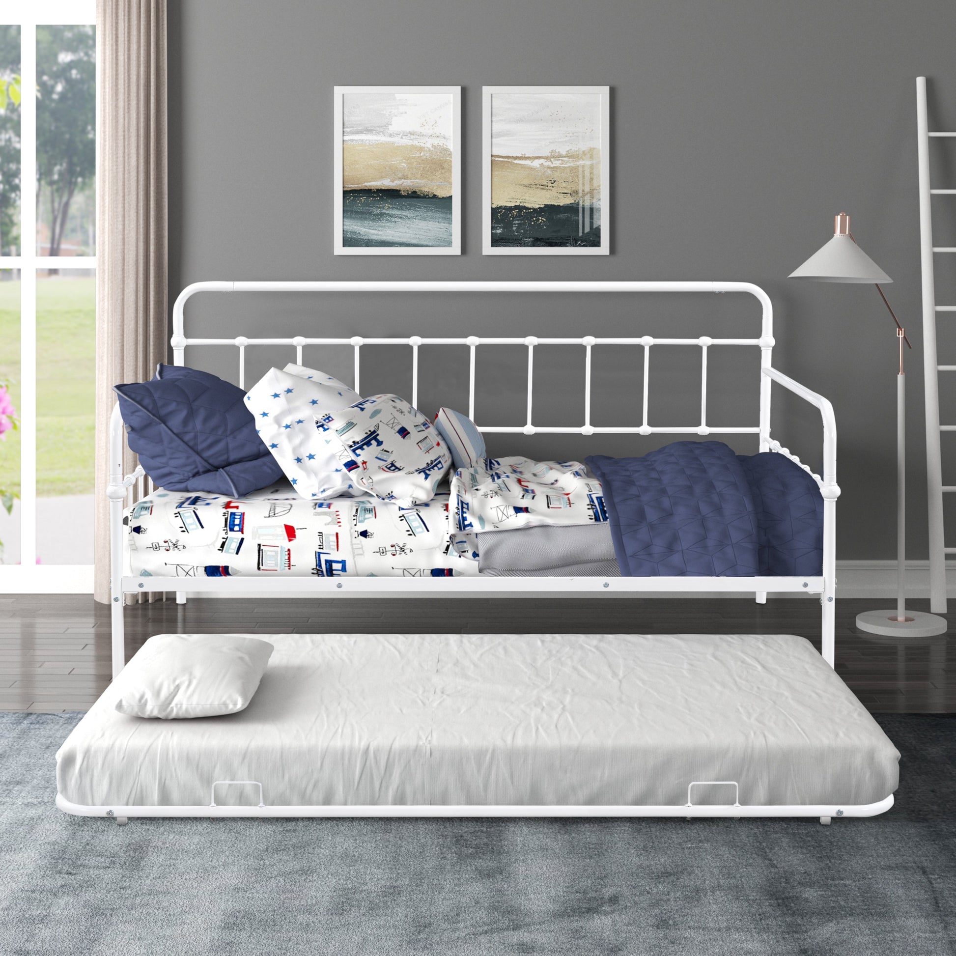 Metal Frame Daybed with trundle（white） - Korvel