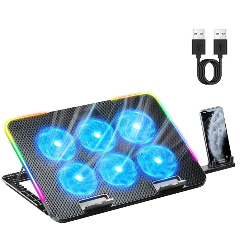 New Laptop Cooler Laptop Cooling Pad Notebook Gaming Cooler Stand with 6 LED Fan 2 USB Ports Phone Holder for 15.6in Laptop - Korvel
