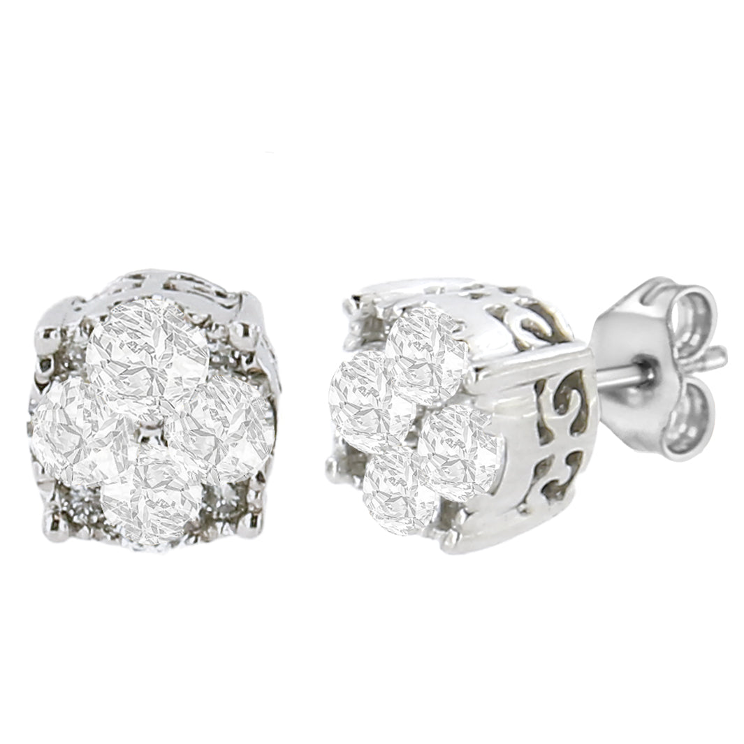 Pendientes de Stud de Diamante en Clúster de Plata Esterlina .925