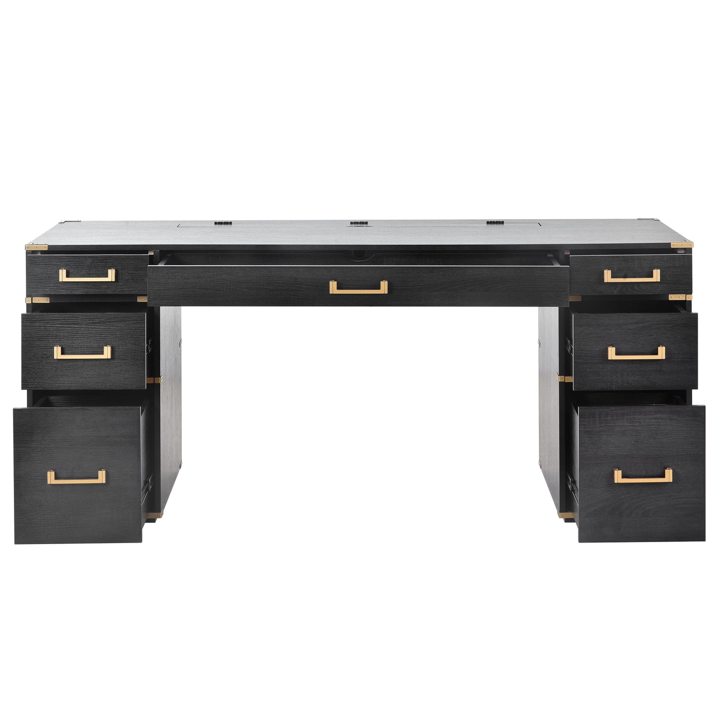 70 inch classic and traditional executive desk with metal trim, writing desk with 2 file drawers, USB ports, and sockets, black - Korvel