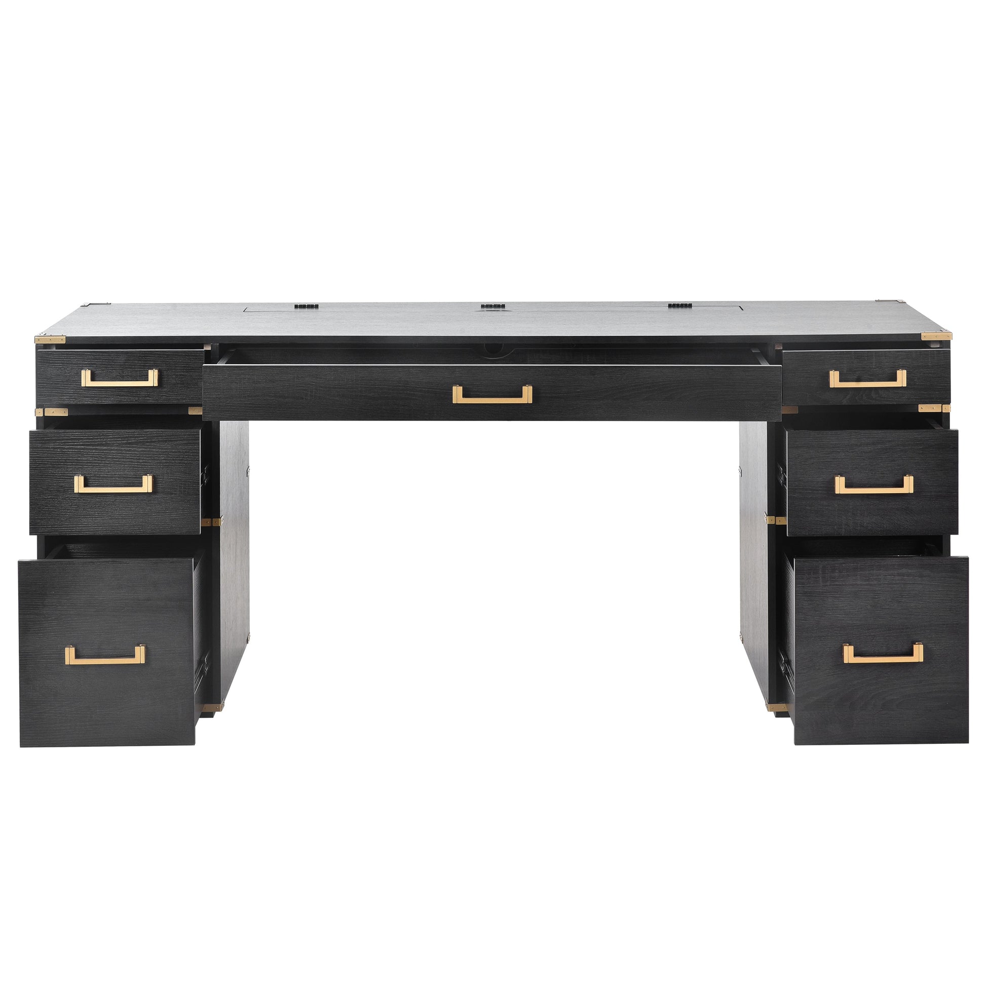 70 inch classic and traditional executive desk with metal trim, writing desk with 2 file drawers, USB ports, and sockets, black - Korvel