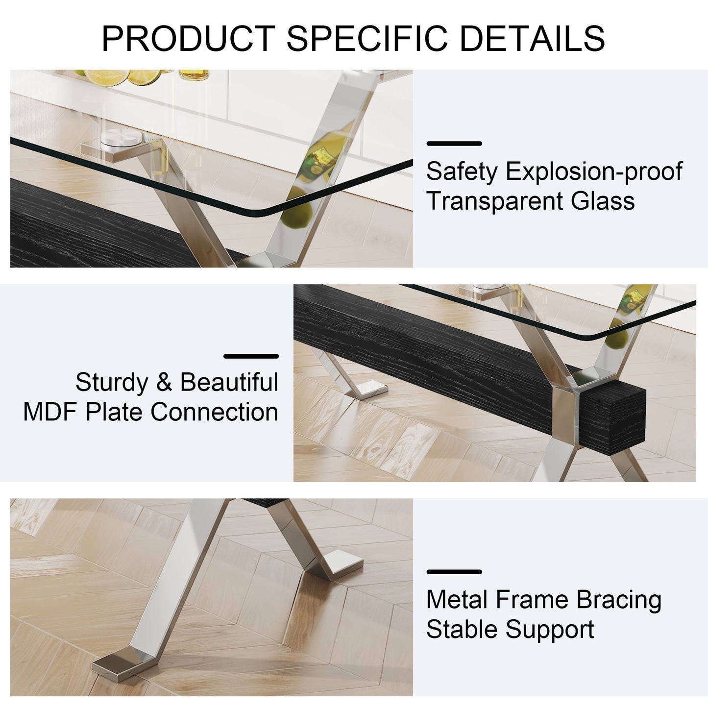 Dining table Modern tempered glass dining table Large modern office desk with silver plated metal legs and MDF crossbars - Korvel
