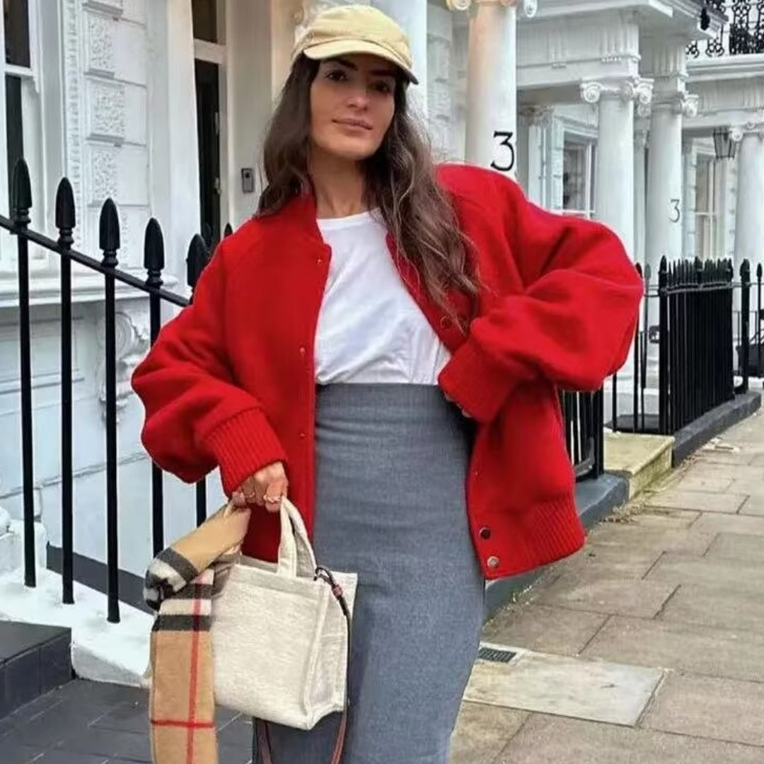 Abrigo de lana de color sólido con cuello redondo para mujer