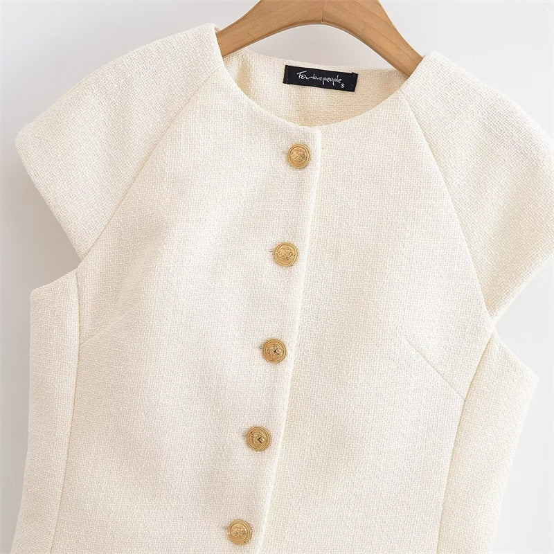 Fashionable Casual Round Neck Versatile Vest with Front Button Closure for Women - Korvel