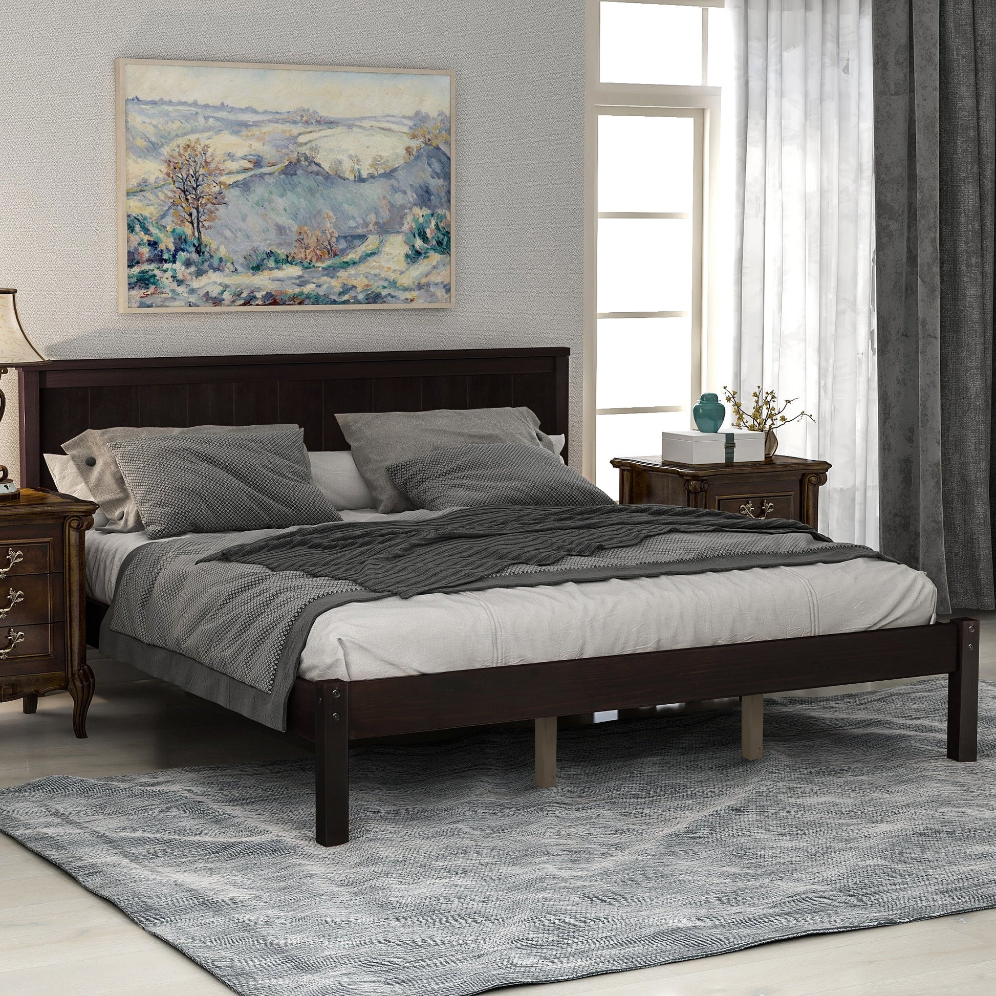 Platform Bed Frame with Headboard, Wood Slat Support  No Box Spring Needed  Queen Espresso - Korvel