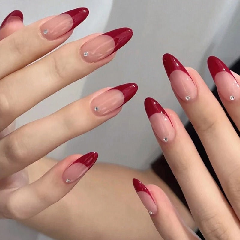 European and American style red French manicure, simple and atmospheric, removable finished wearable nails, fake nail pieces - Korvel
