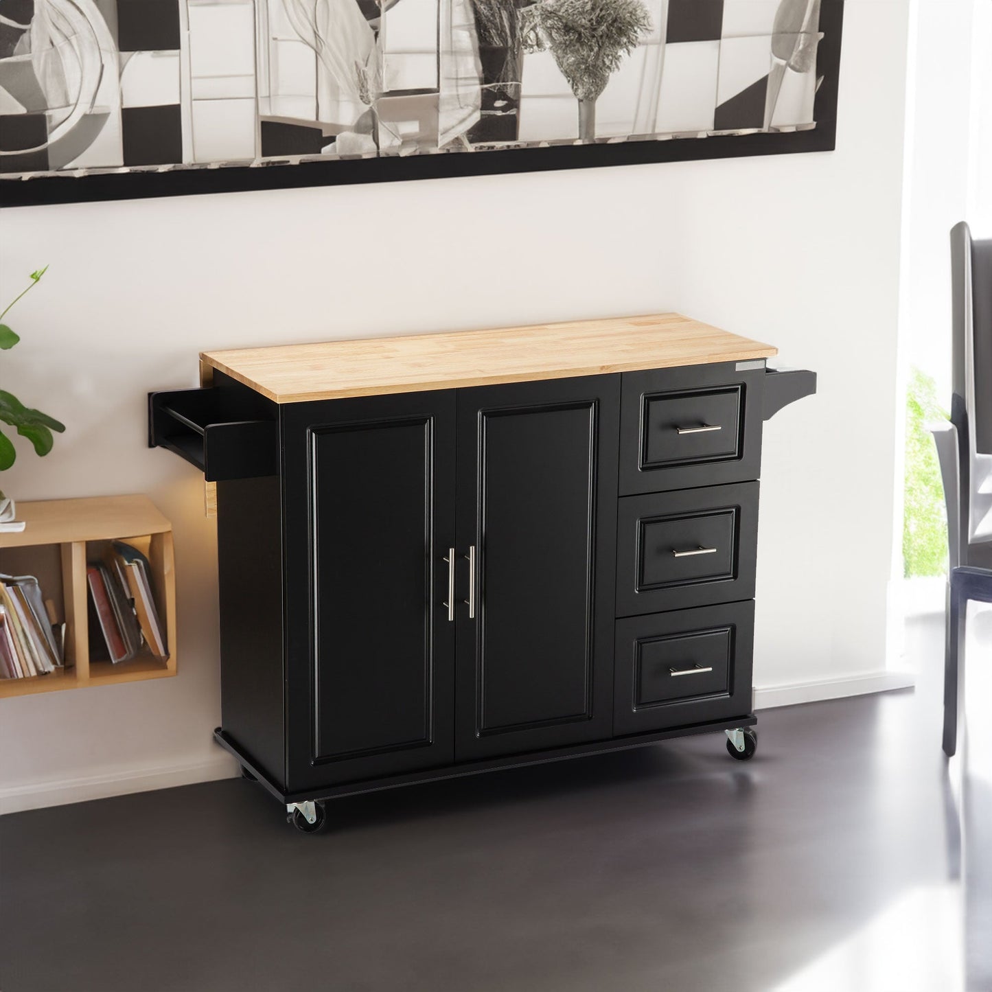 Kitchen Island & Kitchen Cart Mobile Kitehcn Island with Extensible Rubber Wood Table Top - Korvel