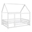 Full Size Floor Wooden Bed with House Roof Frame and Guardrails - White