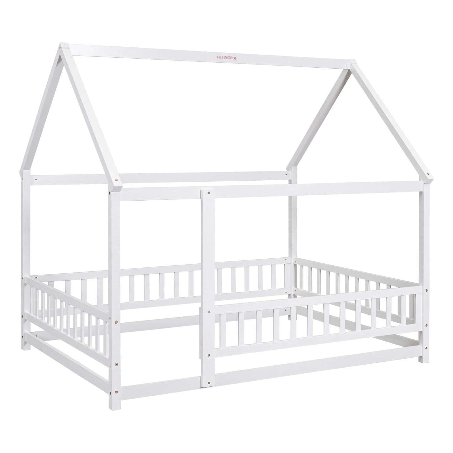 Full Size Floor Wooden Bed with House Roof Frame and Guardrails - White
