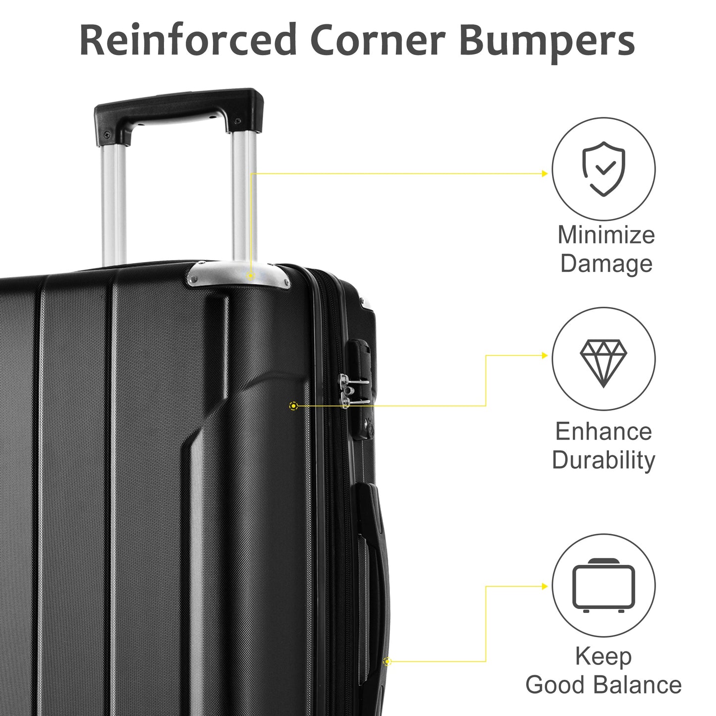Hardshell Luggage Sets 3 Pcs Spinner Suitcase with TSA Lock Lightweight 20''24''28'' Black + ABS - Korvel
