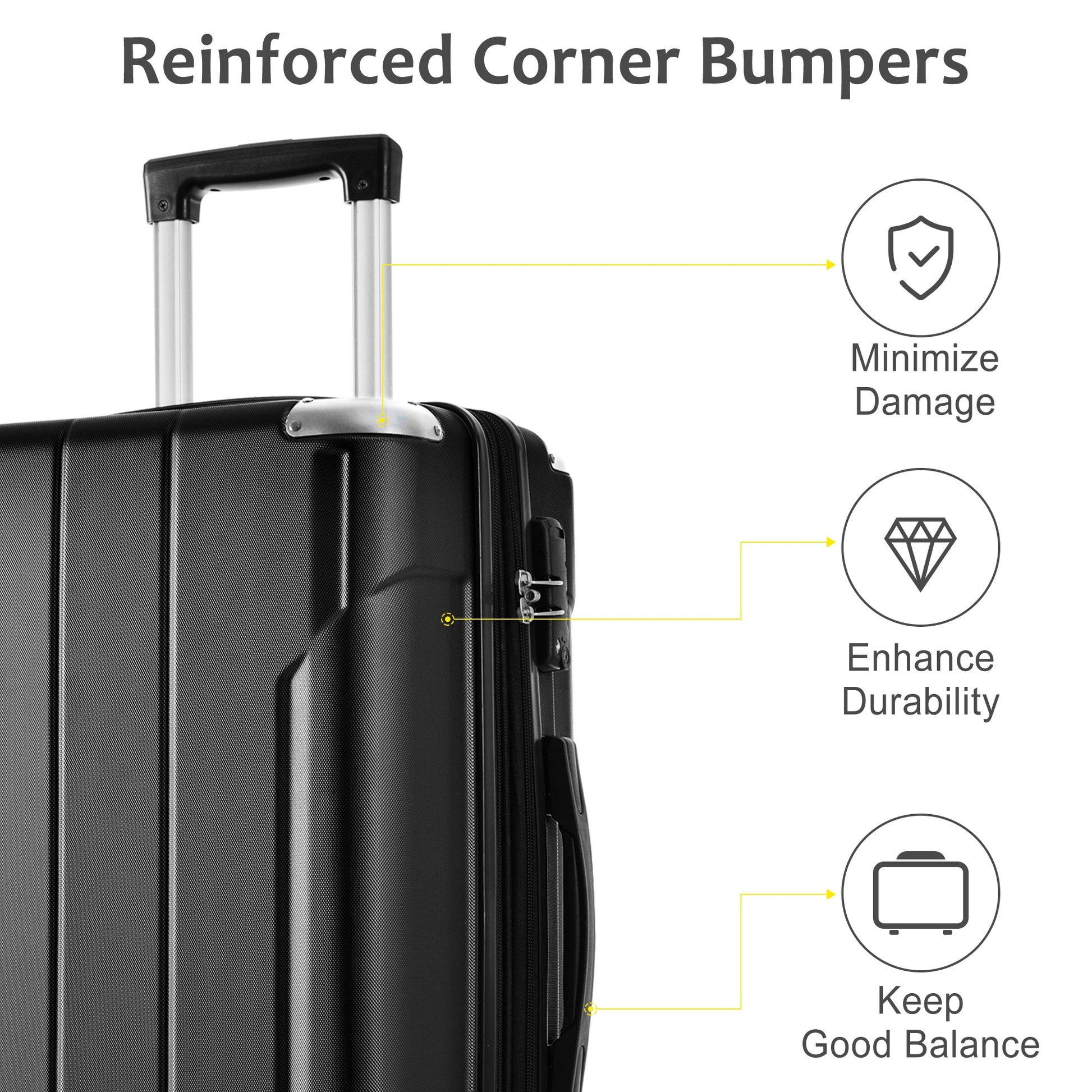Hardshell Luggage Sets 3 Pcs Spinner Suitcase with TSA Lock Lightweight 20''24''28'' Black + ABS - Korvel