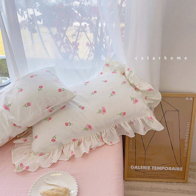 Pink Tulip Floral Pure Cotton Pillowcase - 48x74cm