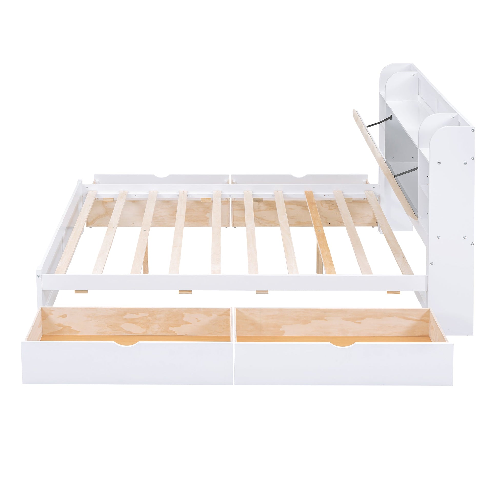 Wood Queen Size Platform Bed with Storage Headboard  Shelves and 4 Drawers  White - Korvel