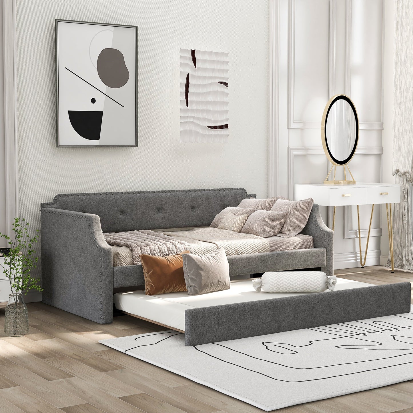 Upholstered Daybed with Trundle, Wood Slat Support,Upholstered Frame Sofa Bed   Twin Gray - Korvel