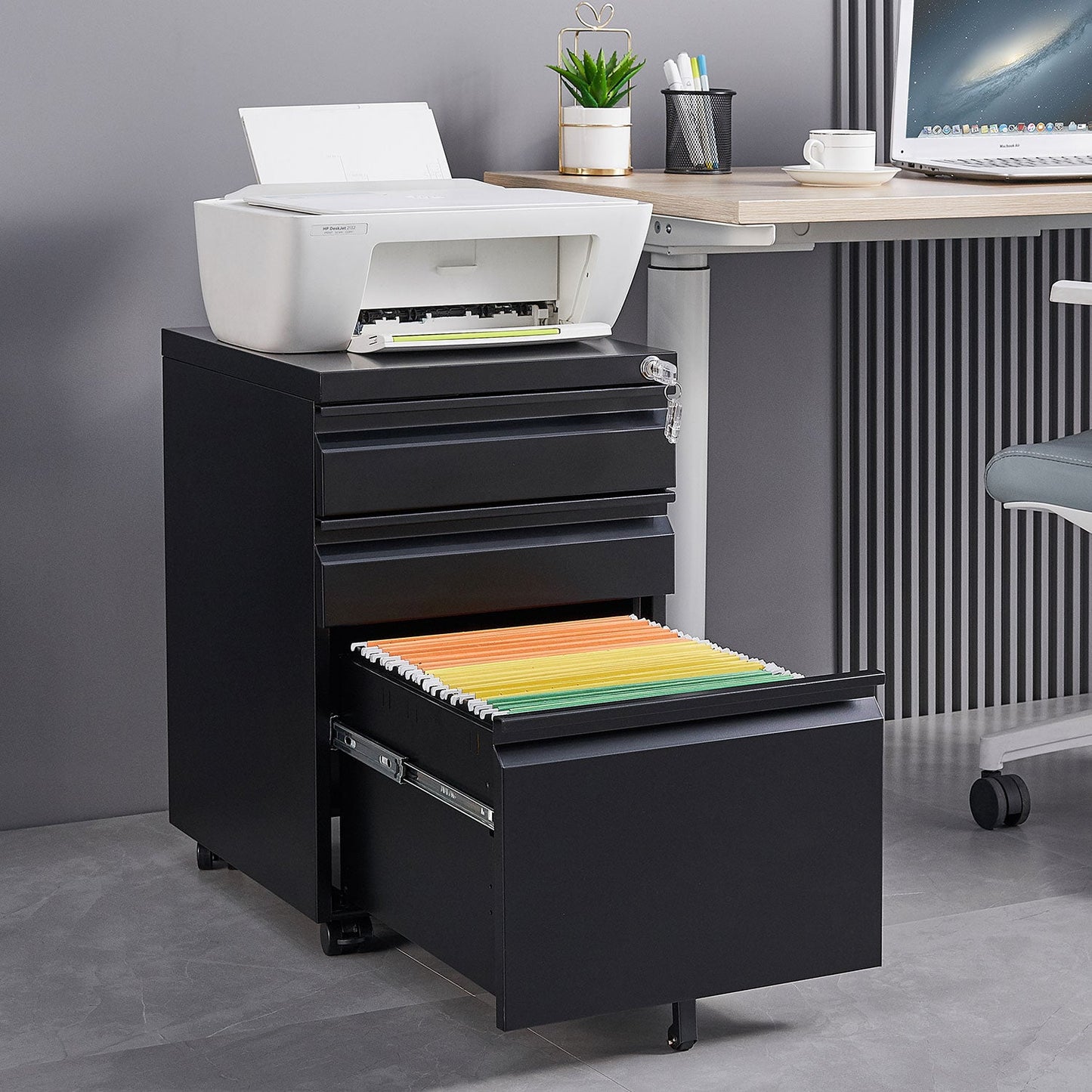 Locked three drawer storage mobile metal filing cabinet with pre installed wheels under the desk filing cabinet - Korvel