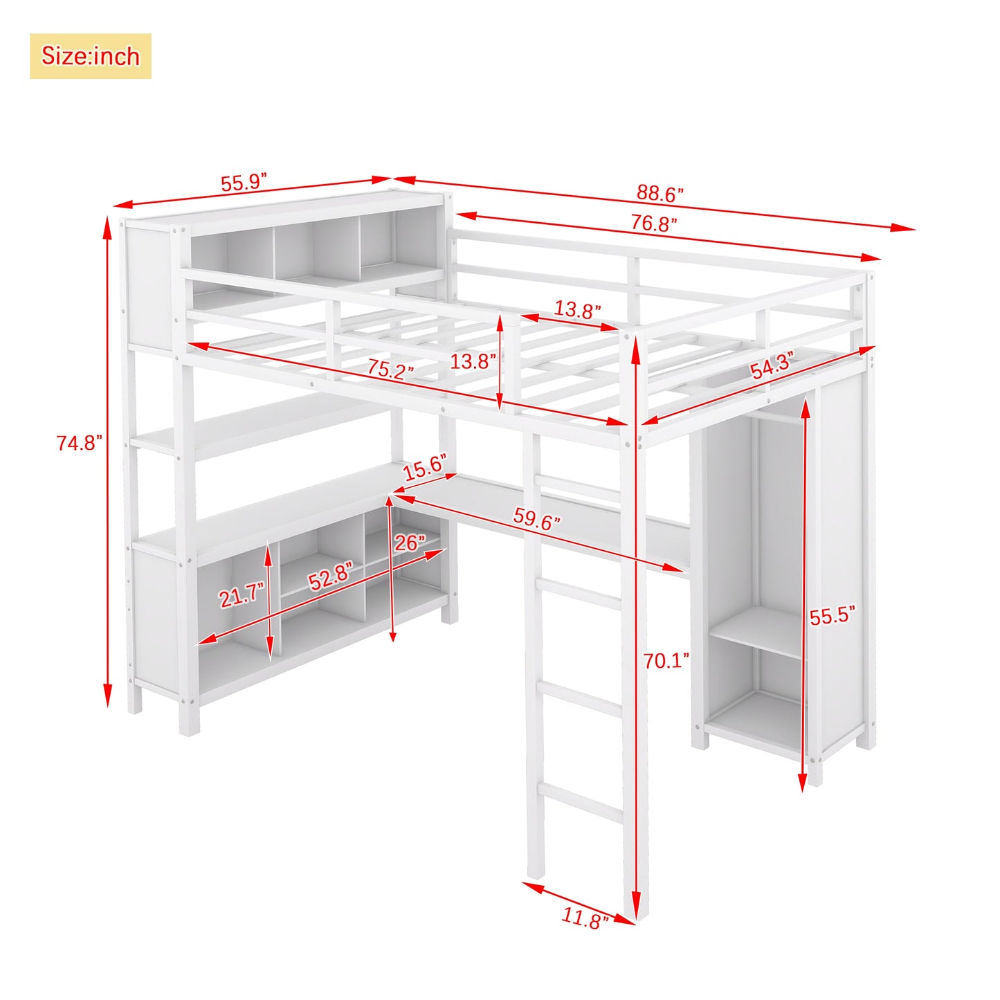 Metal loft bed with wardrobe and L-shaped desk, full-size loft bed with storage cabinet and shelf, white - Korvel