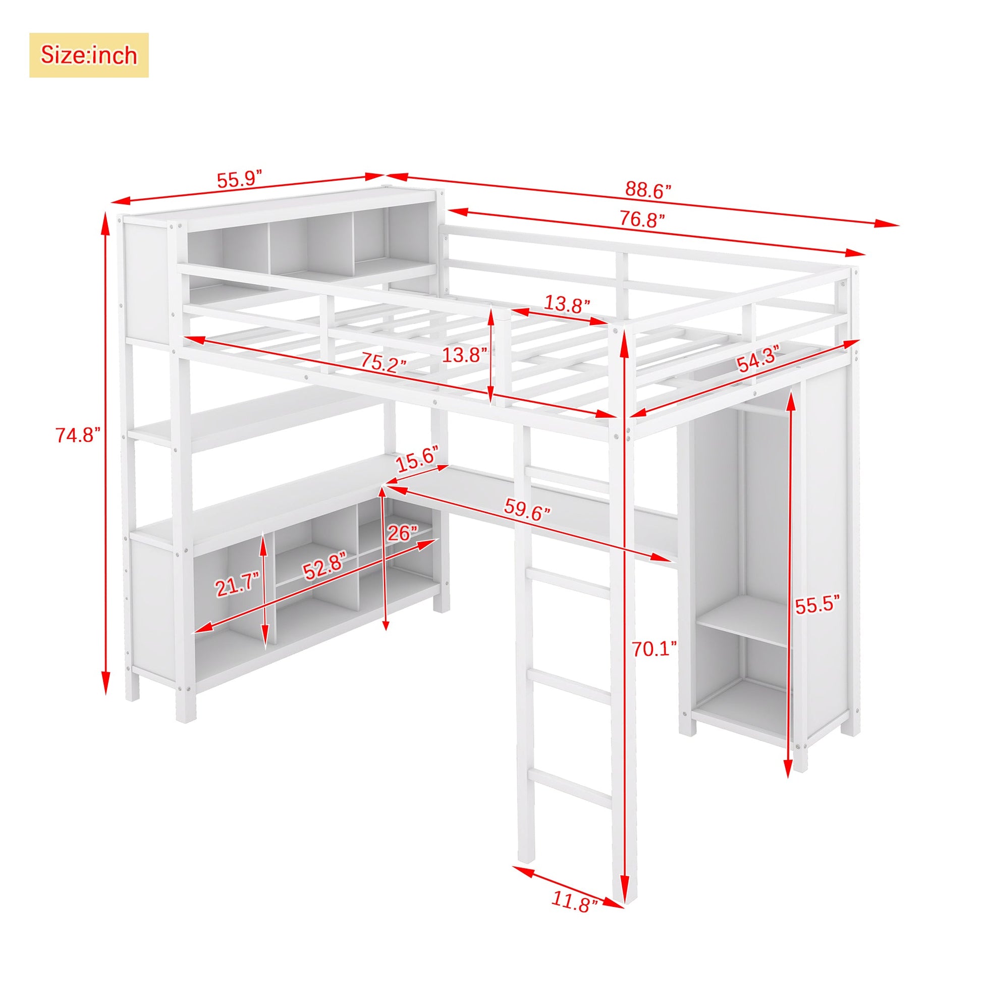 Metal loft bed with wardrobe and L-shaped desk, full-size loft bed with storage cabinet and shelf, white - Korvel