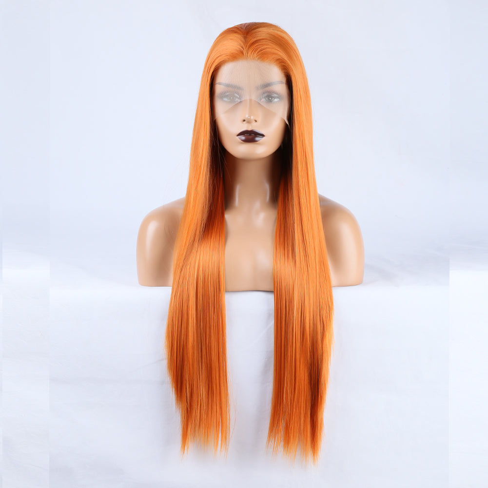 Long Straight Hair 13*2.5 Orange Chemical Fiber Front Lace Wig Head Cover Natural Hairline - Korvel