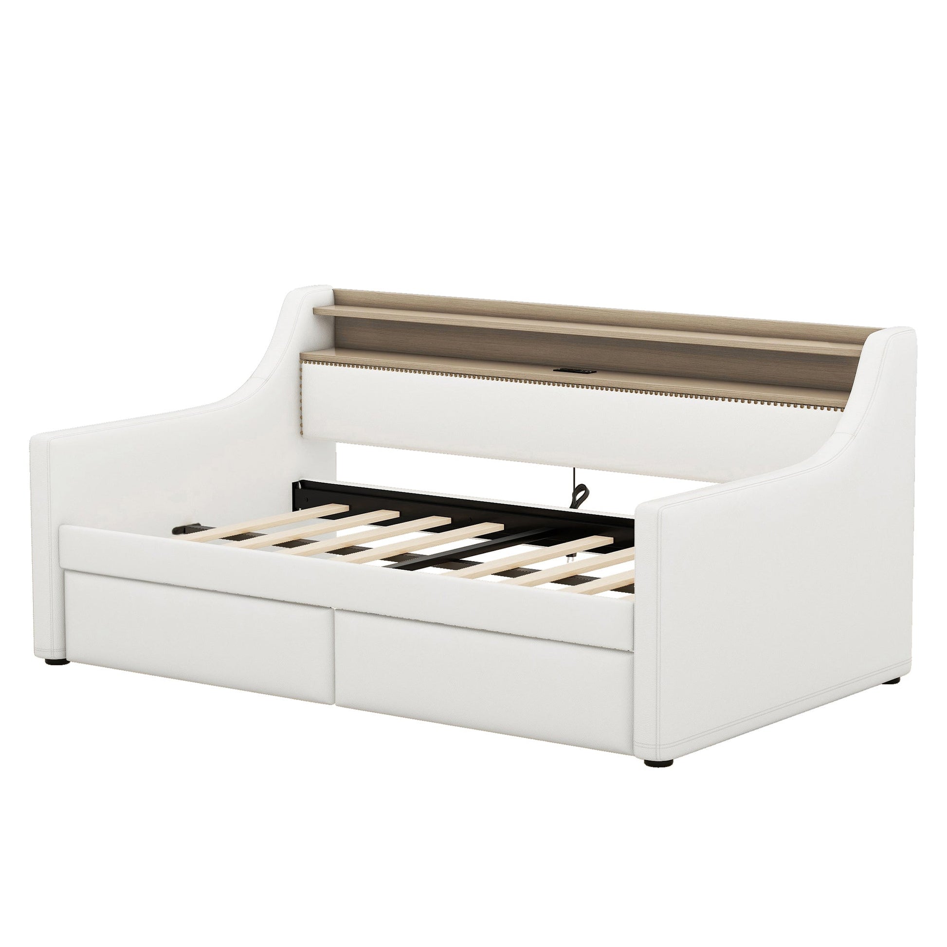 Twin Size Daybed with Drawers, Upholstered Daybed with Charging Station and LED Lights, White - Korvel
