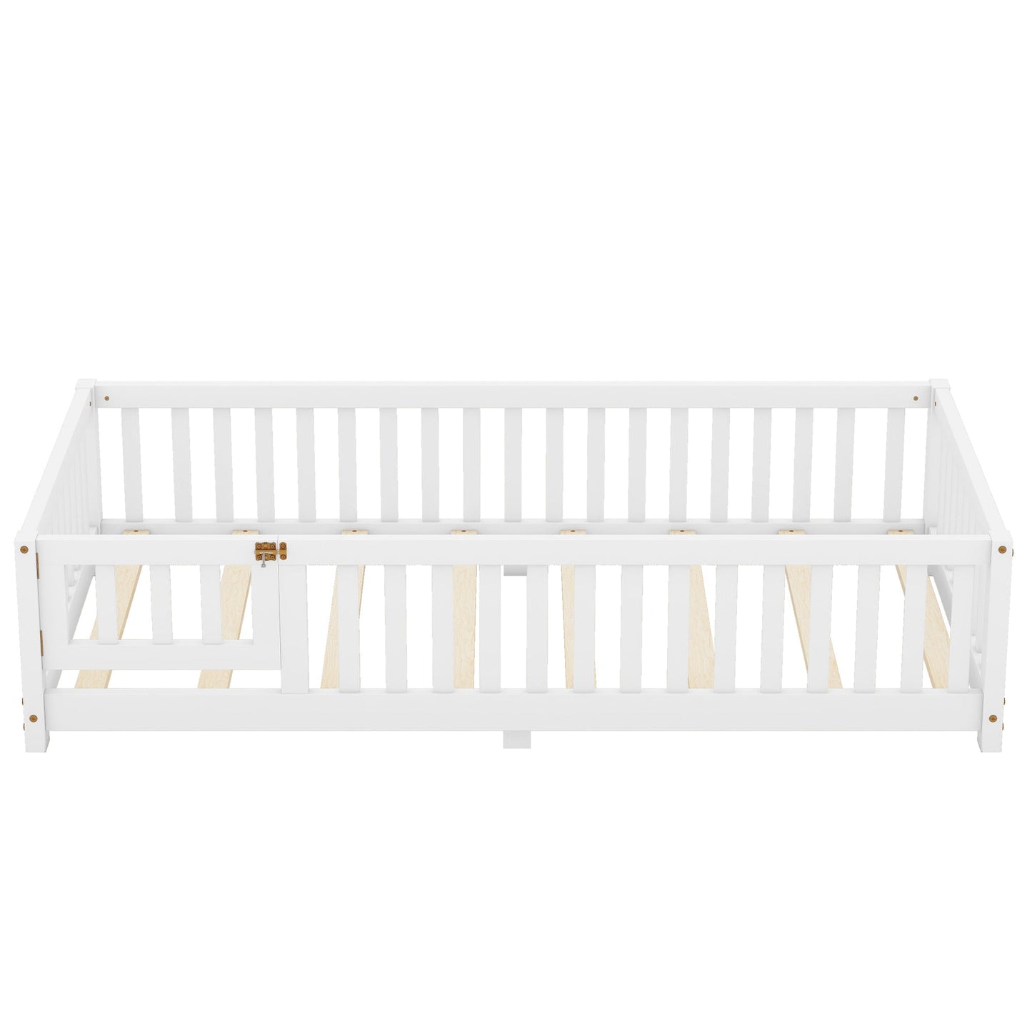 Twin Size Bed Floor Bed with Safety Guardrails and Door for Kids, White - Korvel