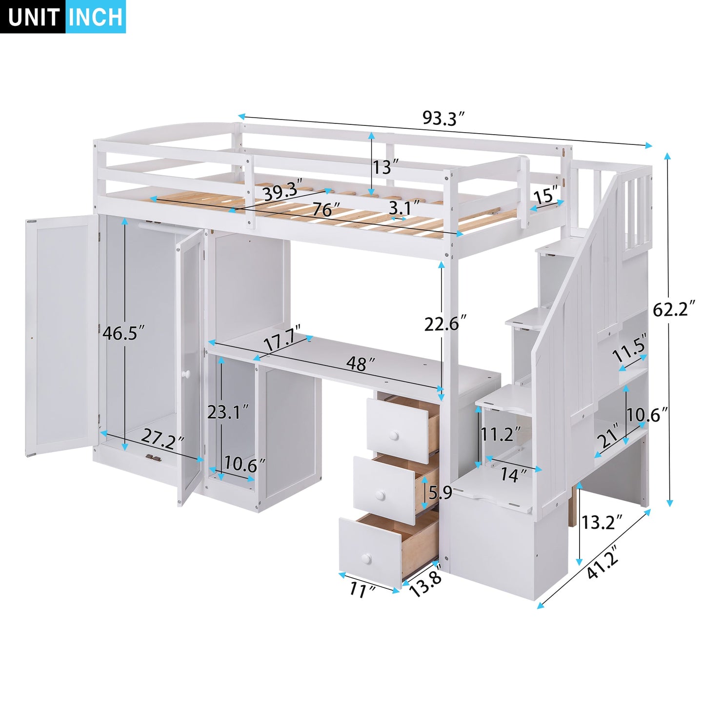 Elegant Twin Size Loft Bed with Wardrobe and Desk in White