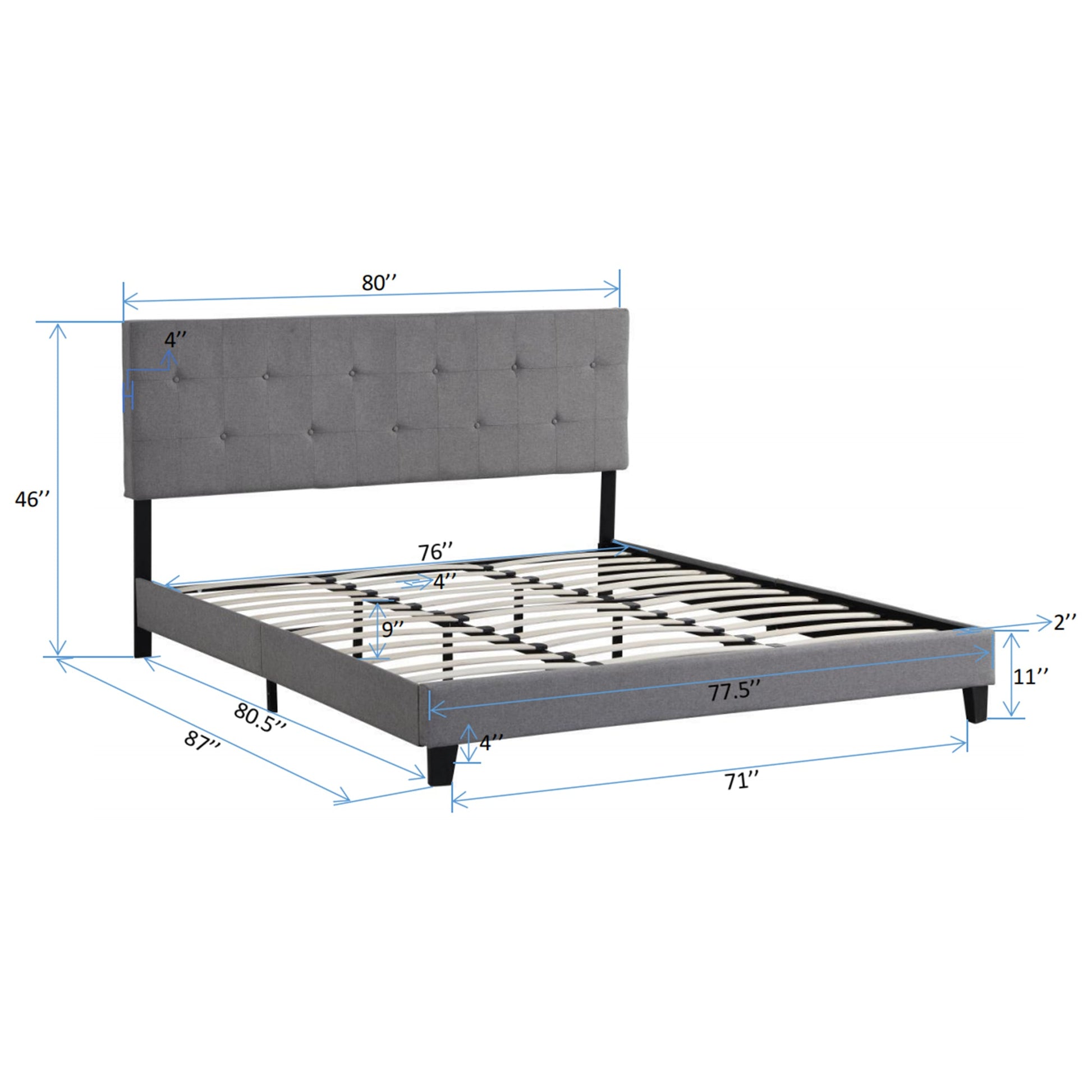 King Size Upholstered Platform Bed Frame with Button Tufted Linen Fabric Headboard Gray - Korvel