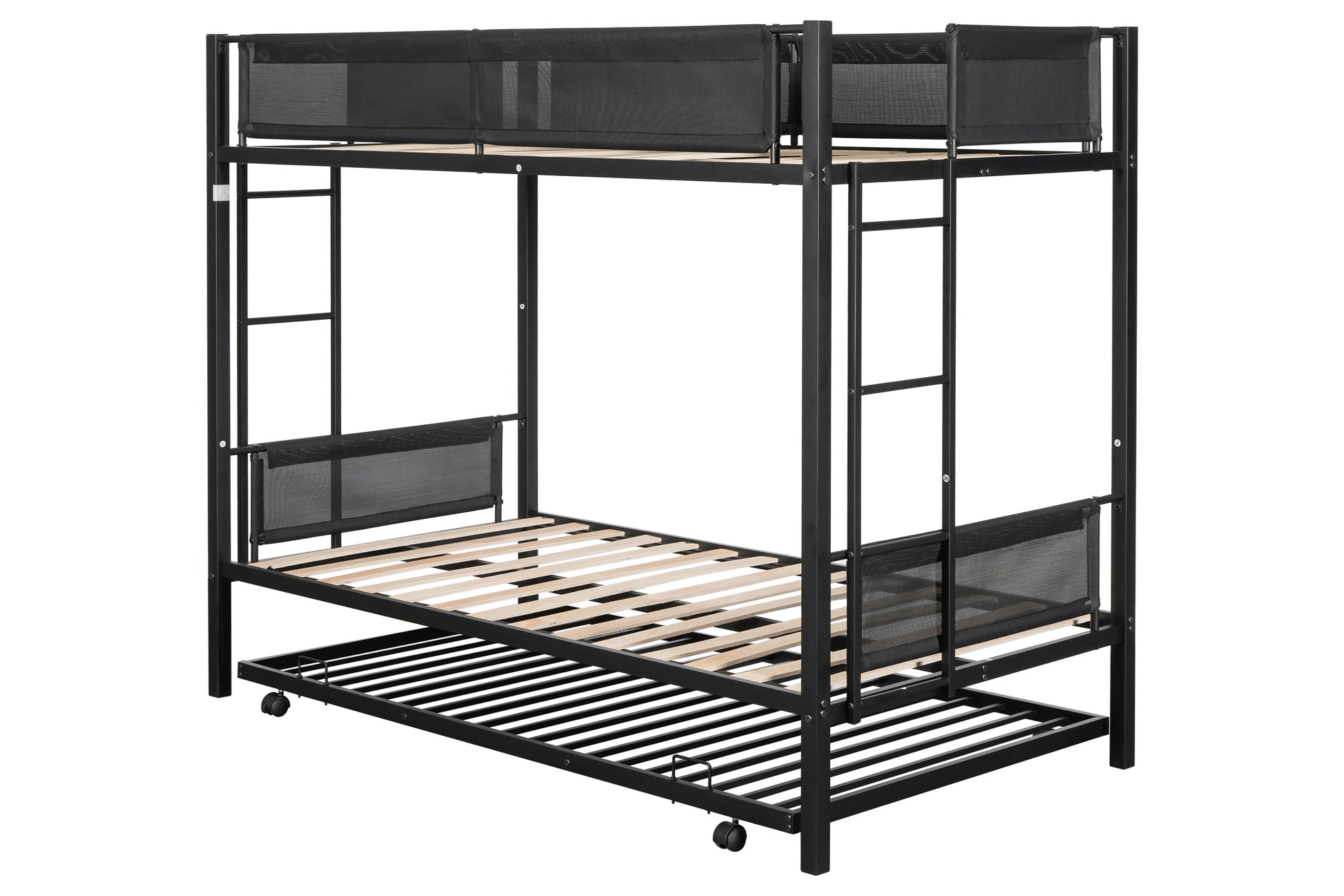 Metal double bed with casters/sturdy frame/no noise/comfortable guardrail/2 side ladders/no need for spring box - Korvel