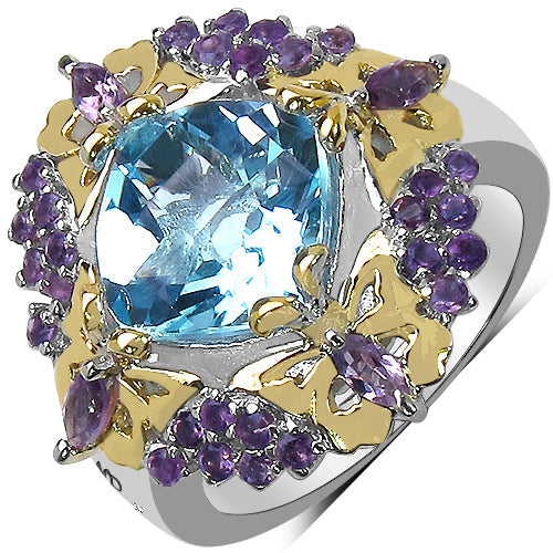 Anillo de plata esterlina con topacio azul y amatista de 5.66 quilates