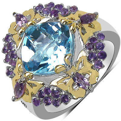 Bague en argent sterling avec topaze bleue et améthyste de 5,66 carats