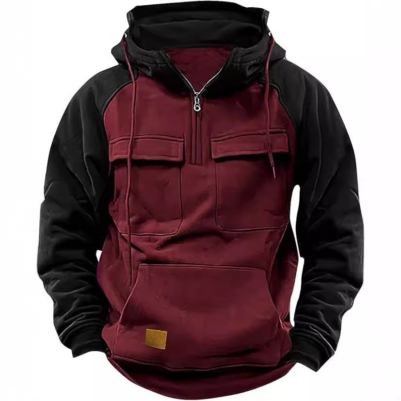 Men's Retro Cargo Hoodie with Half Zipper and Pockets