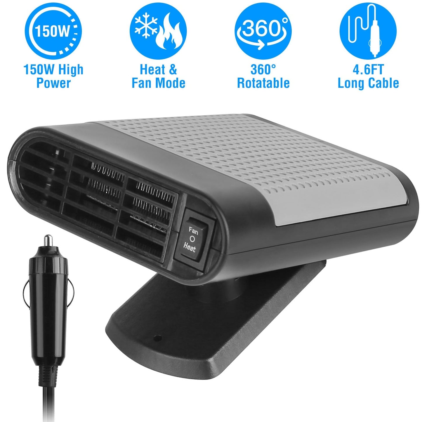 Chauffage et Dégivreur Portable 12V 150W avec Base Rotative à 360°