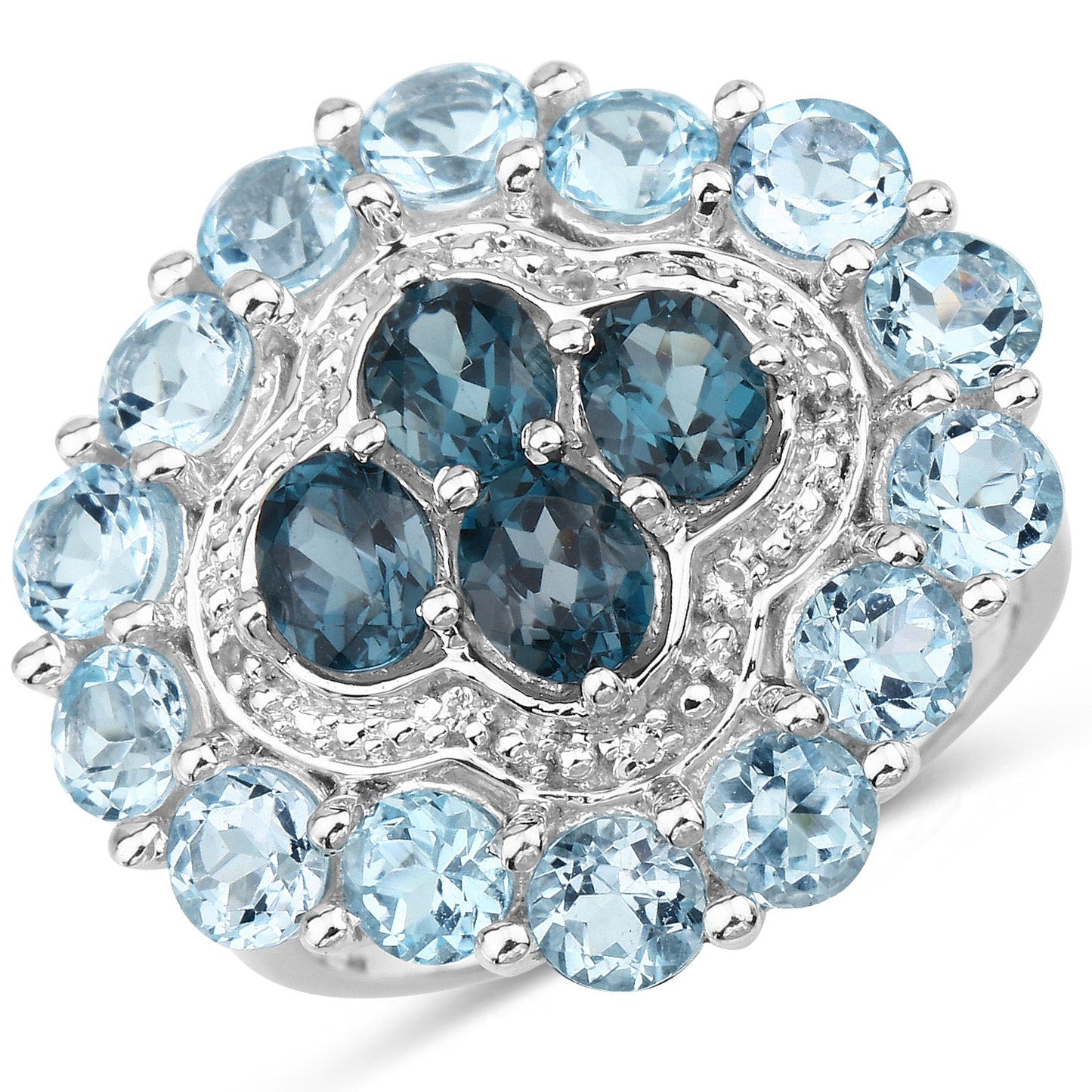 Bague en argent sterling avec topaze bleue de Londres et topaze blanche de 6,54 carats