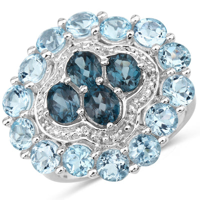 Bague en argent sterling avec topaze bleue de Londres et topaze blanche de 6,54 carats