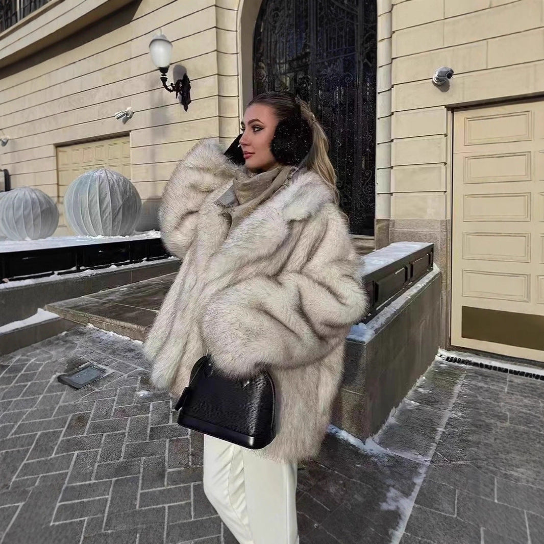 Manteau mi-long en fausse fourrure de renard pour femmes avec col style blazer