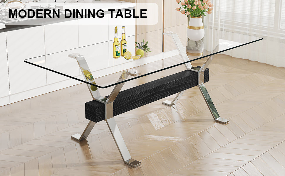 Dining table Modern tempered glass dining table Large modern office desk with silver plated metal legs and MDF crossbars - Korvel
