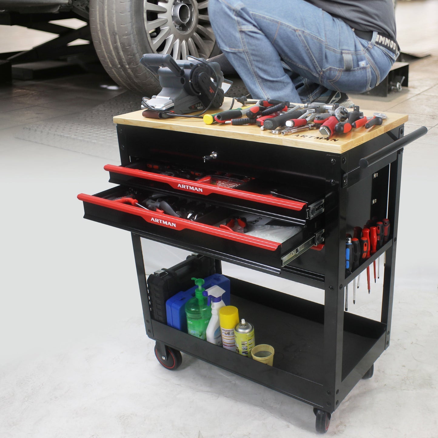 3 DRAWERS MULTIFUNCTIONAL TOOL CART WITH WHEELS AND WOODEN TOP - Korvel