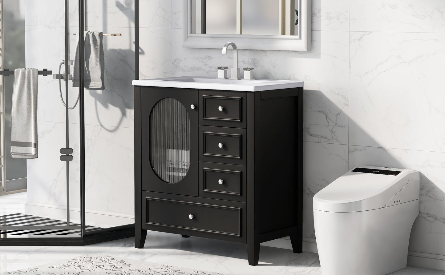Meuble de salle de bain noir de 30" avec évier et rangement