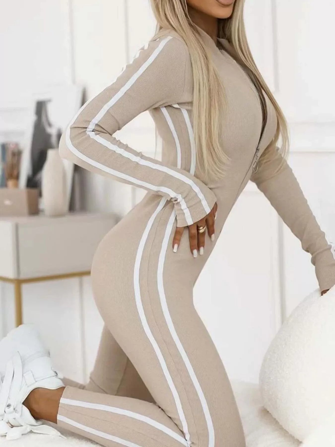 Plus Size Stripe Zip-Front Long Sleeve Jumpsuit