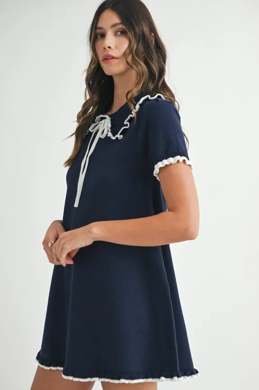 Ruffle Trimmed Collar Fine Knit Mini Dress for Women