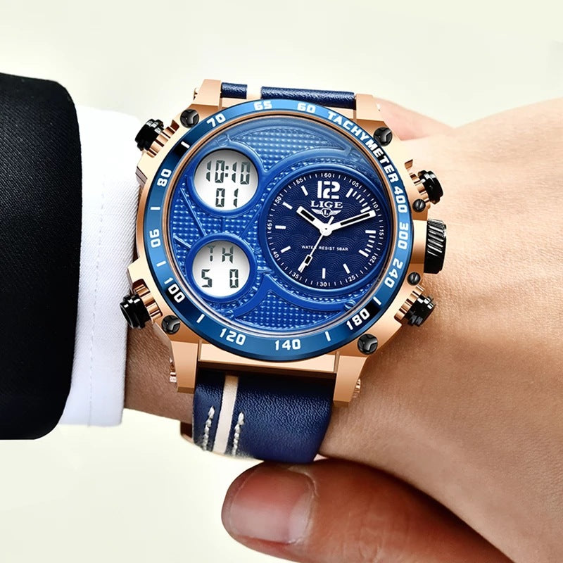 Lige Business Electronic Watch Dual Display Multi Function Low Cost Watch Men's Sports Waterproof Watch - Korvel