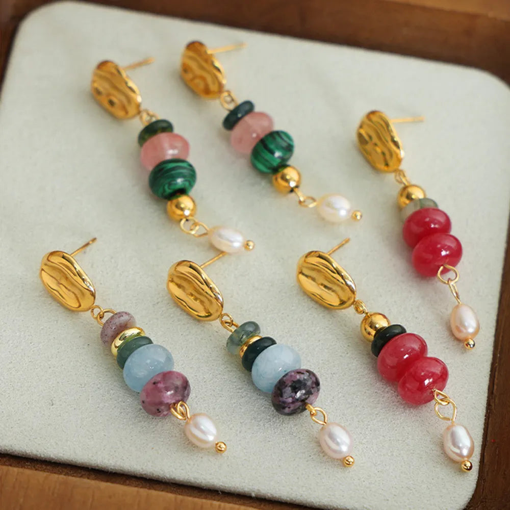 Natural Stone Freshwater Pearl Dangle Earrings - Korvel