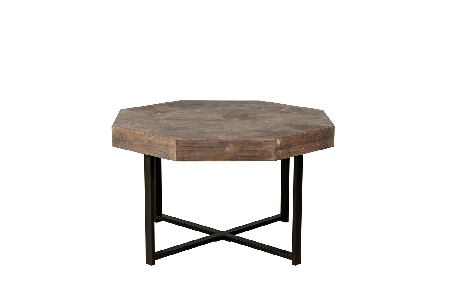 Mesa de café octagonal de madera marrón antigua con patas de metal