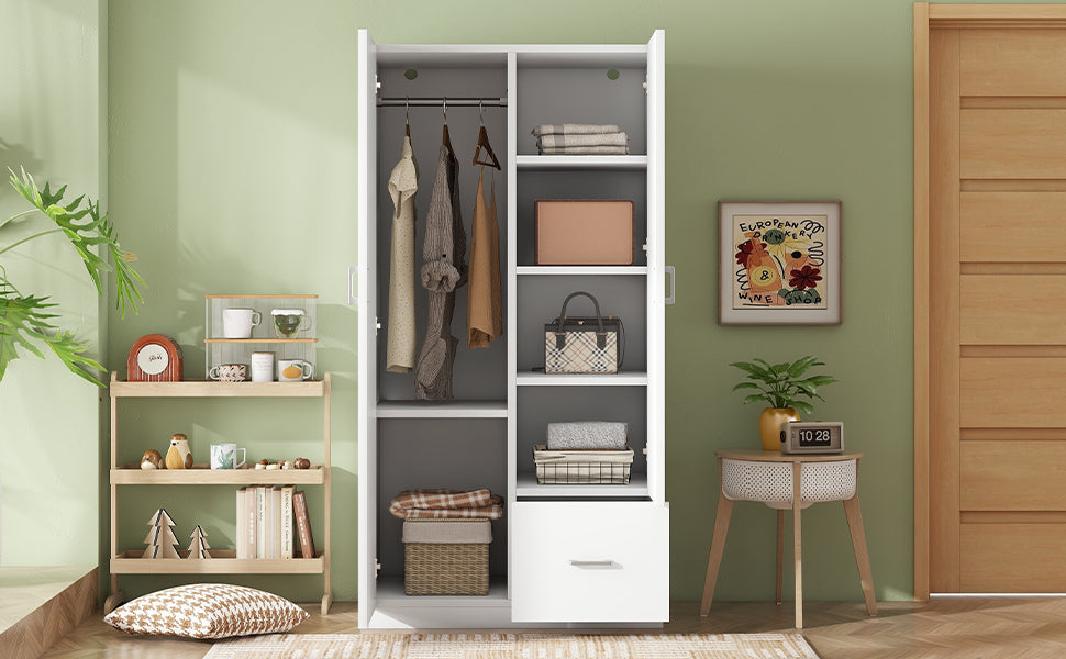 Wooden Wardrobe with Double Doors, Armoire with Hanging Rod, 5 Fixed Shelves, One Storage Drawer,White - Korvel