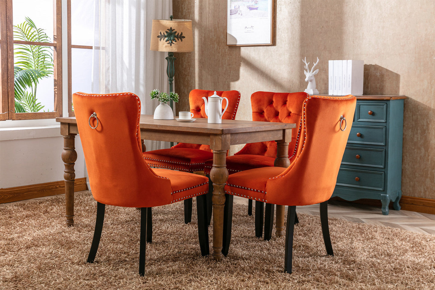 Premium Velvet Upholstered Dining Chair Set - Orange