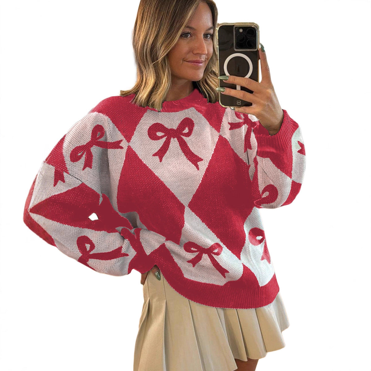 Womens Trendy Pullover Sweater with Bow-knot Print