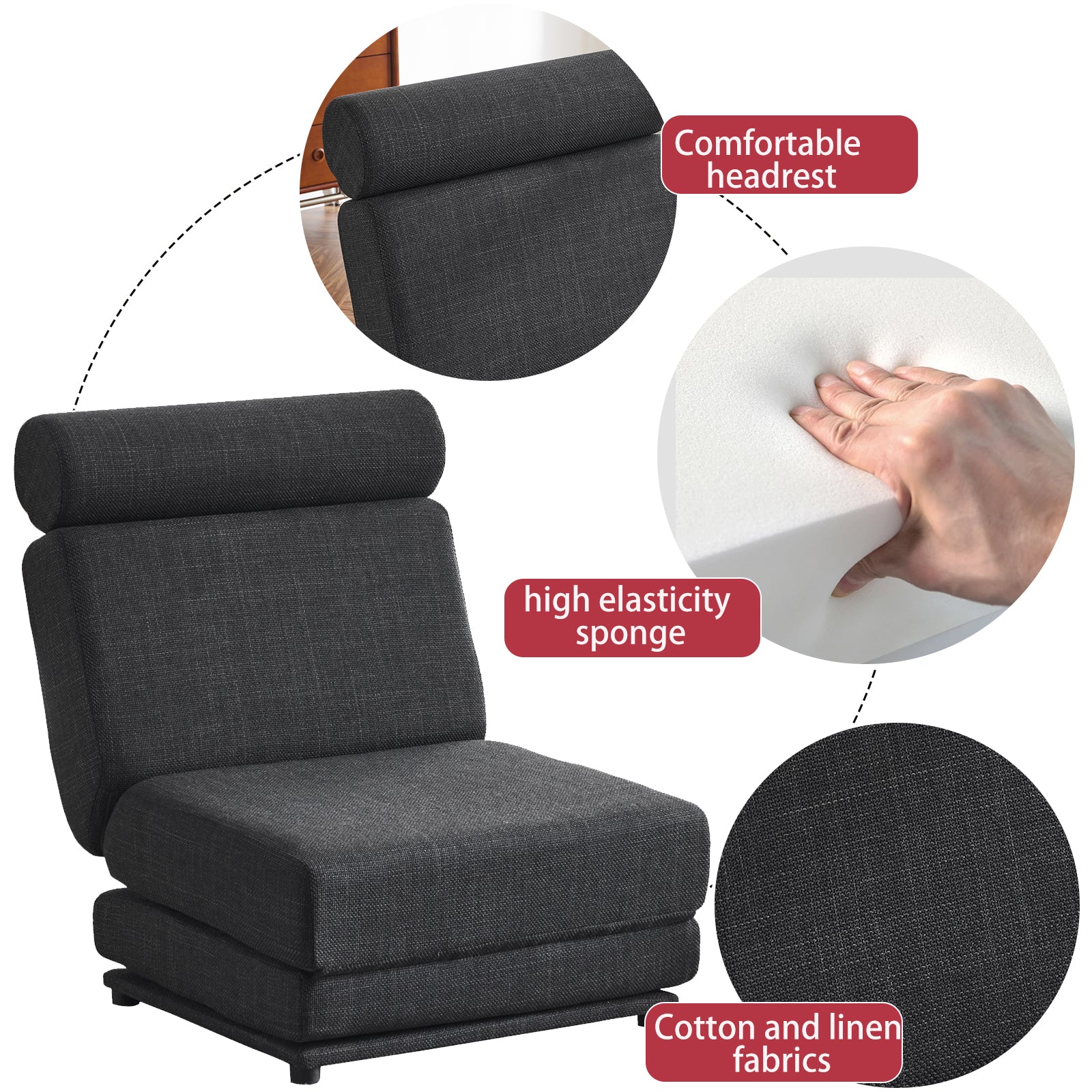 Single Sofa Chair Foldable Single Sofa Bed with Pillow,Portable Foldable Sofa Bed,Leisure Sofa Chair,Easy to Store, Dark Grey - Korvel