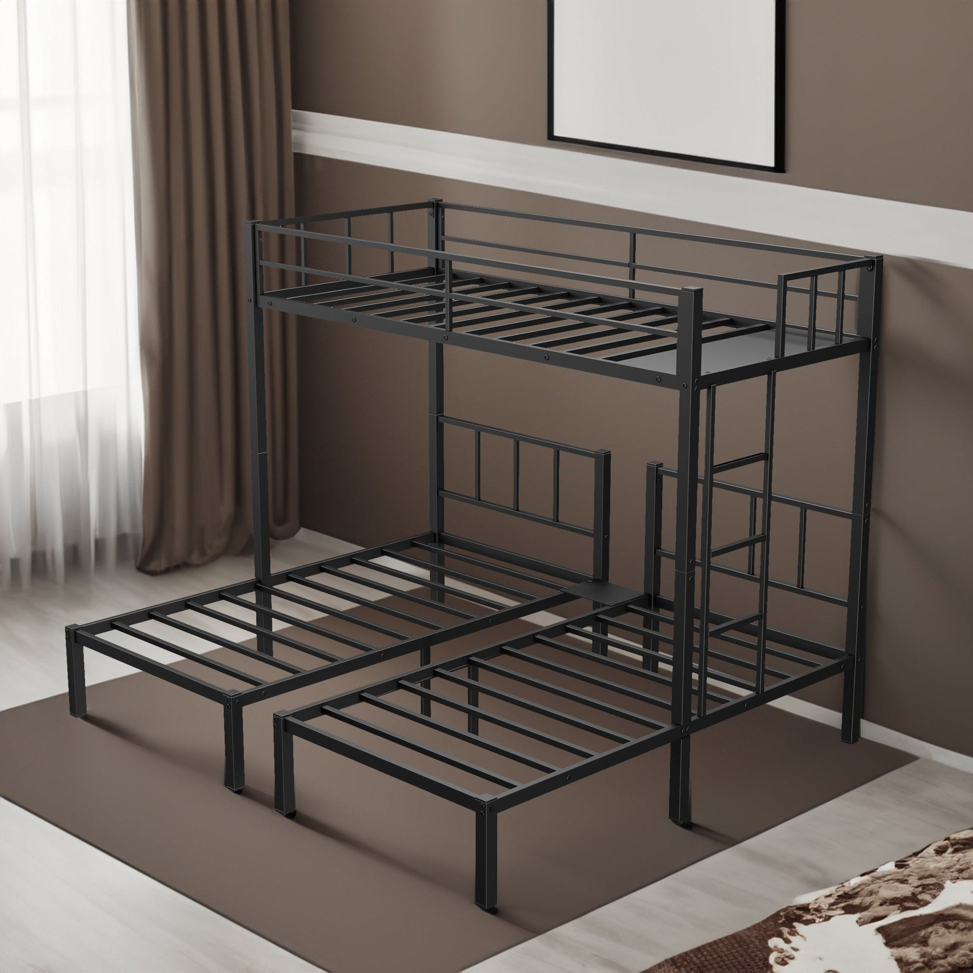 Twin over Twin & Twin Bunk Beds for 3, Twin XL over Twin & Twin Bunk Bed Metal Triple Bunk Bed, Black - Korvel