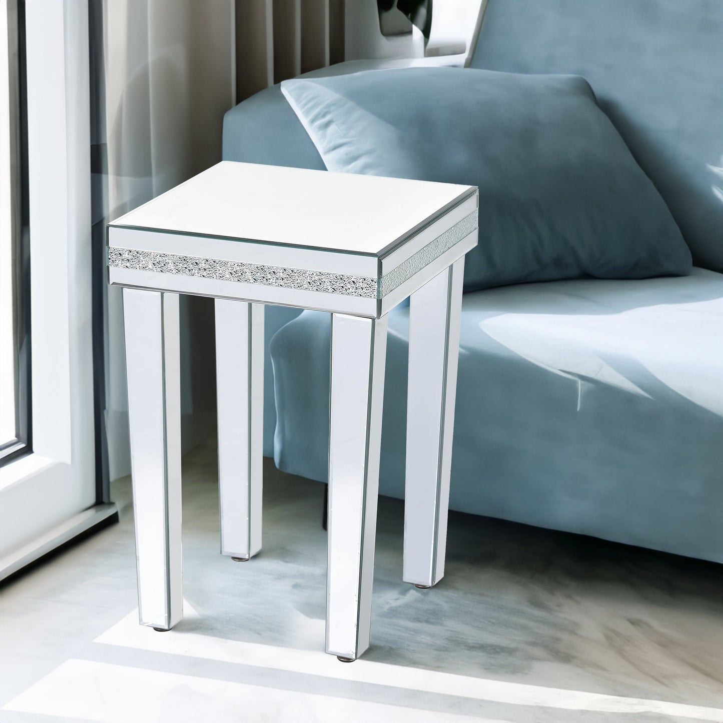 ON-TRANS glass mirror edge table, easy to assemble crystal design and adjustable height leg edge table, silver - Korvel