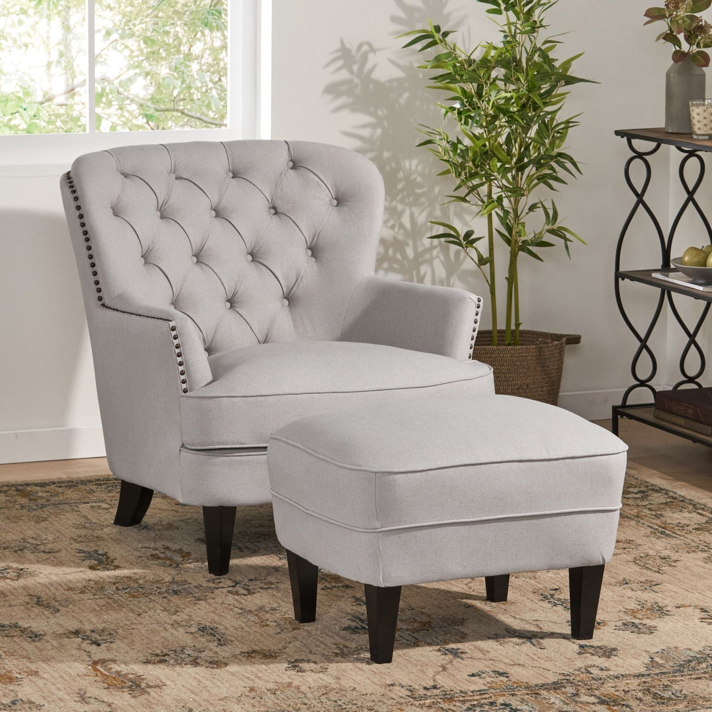 Modern light grey fabric club chair and Ottoman set, stylish cushioned armchair, paired with Ottoman style - Korvel