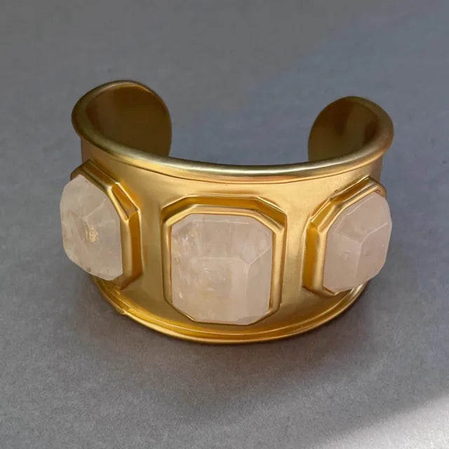 Brass Natural Stone Crystal Open Bracelet Gold Color Metal Bangle for Woman Jewelry Luxury Europe Trend Gifts Accessories - Korvel